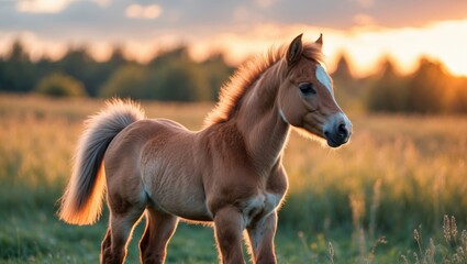 Fototapeta premium Small horse foal outdoors during sunset with warm sunlight and grassy background.