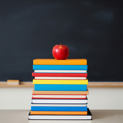 back to school concept. red apple on a stack of books. Stacking books with a red apple in the classroom in front of black board.