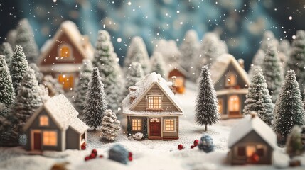 Naklejka premium Happy Holidays Vintage. Winter Village Landscape with Christmas Background