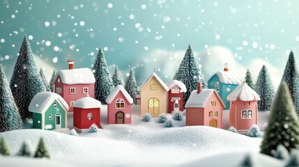 Fototapeta premium Happy Holidays Vintage. Vintage Style Christmas Village with Snow Background