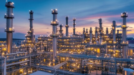 Obraz premium Industrial complex at dusk, showcasing intricate network of structures, pipes, and towers illuminated against a vibrant sunset sky