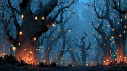 Enchanted Forest Path With Magical Glowing Lights In Ancient Trees