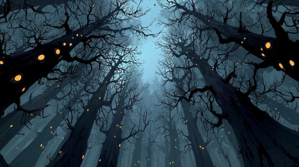Mystical Night Forest With Glowing Lights On Silhouetted Trees
