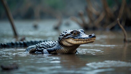 Fototapeta premium Young crocodile in water with small waves and muddy background. Reptile and wildlife, nature scene. The wildlife and aquatic habitat. The concept of wildlife and nature environment.