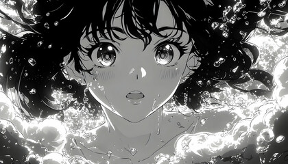 Anime-style girl with watery background, looking upwards. High contrast, black and white art
