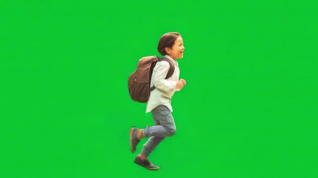 Child's Journey: A young student bounds forward with joyful energy, his backpack bouncing with him, set against a vibrant green backdrop, embodying the excitement of learning.