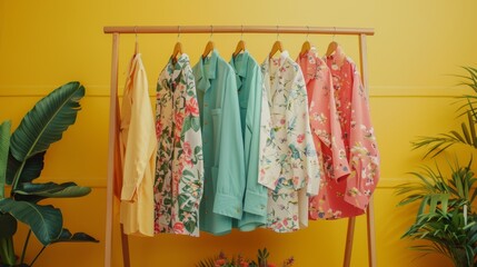 In a vibrant and modern tropical setting, a stylish clothing rack elegantly showcases a variety of colorful jackets