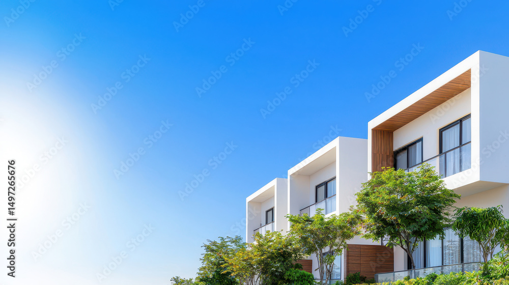 Poster modern architecture showcases stylish building with large windows and greenery under clear blue sky,