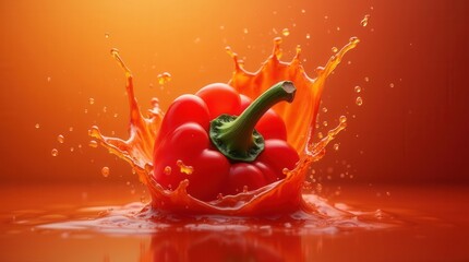 Vibrant red bell pepper splashing in orange liquid on bright background