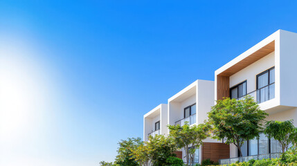 Fototapeta premium Modern architecture showcases stylish building with large windows and greenery under clear blue sky, creating serene atmosphere