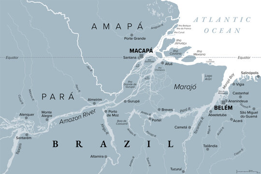 Amazon Delta, gray political map. River delta formed by the Amazon and Tocantins River in northern South America, located in the Brazilian states of Amap&aacute; and Par&aacute; and encompasses Maraj&oacute; Archipelago.