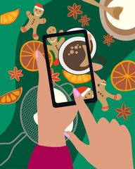 Hands with smartphone taking picture of Christmas dinner&nbsp;food. Delicious traditional holiday food.&nbsp;Top view vector illustration.