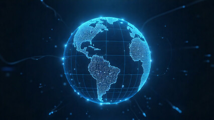 Obraz premium holographic globe of glowing data points and lines in dark space, neon blue digital grid