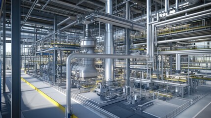 Interior view of a large industrial facility with complex machinery, pipelines, and structural elements