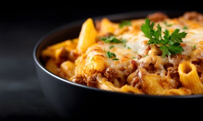 A pasta bake, with a black background, Generative AI