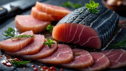 Slices of raw fish with herbs and spices. Fresh seafood seafood. Fish fillets.
