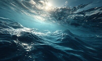 Fototapeta premium Serene ocean depths tinted pale blue, pierced by shafts of sunlight from the surface