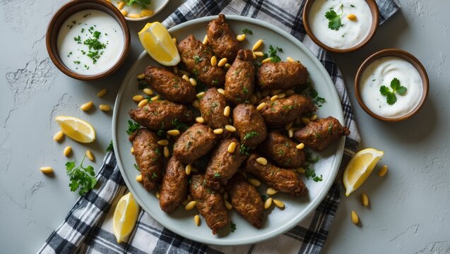 Appetizer featuring lamb and pine nuts