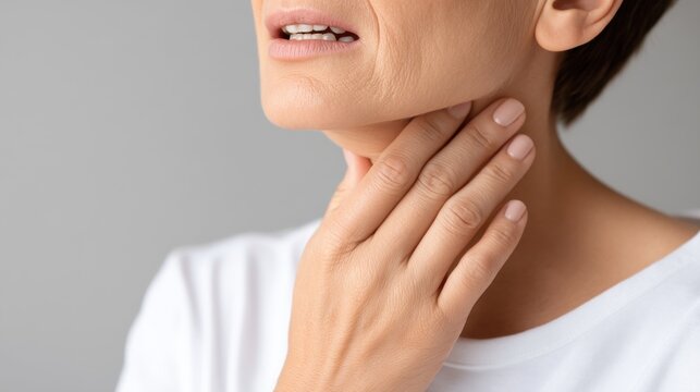 Close up of a woman touching her neck, experiencing discomfort or pain in her throat.