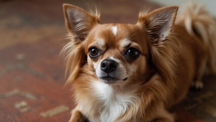 Headshot of a long-haired chihuahua dog on the ground