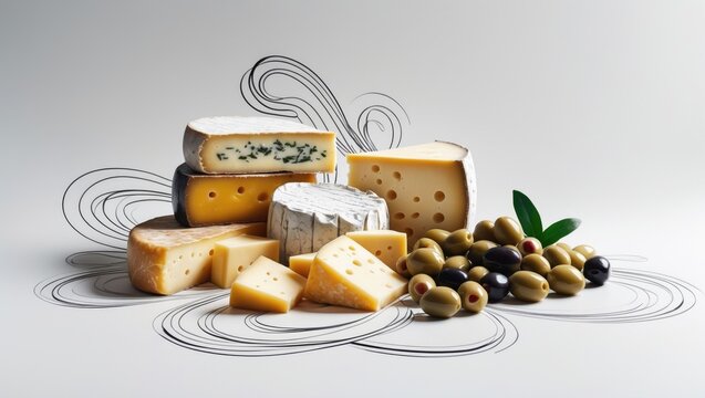 Hand-drawn depiction of hard Dutch cheeses and olives in a seamless design on a white canvas