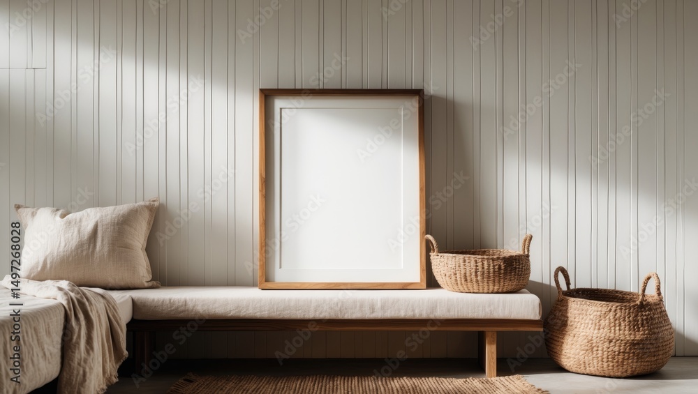 Poster mockups of an empty a2 thin wooden frame in a vertical portrait style with linen cloth on a bench. t