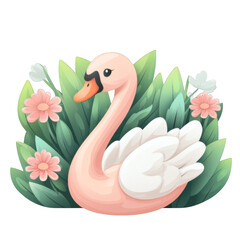 Fototapeta premium Cute illustrated swan surrounded by lush green leaves and pink flowers, creating peaceful and charming nature scene