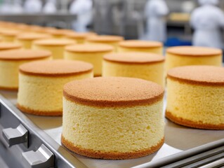 Round sponge cakes on a conveyor belt, ready for the next stage of production.