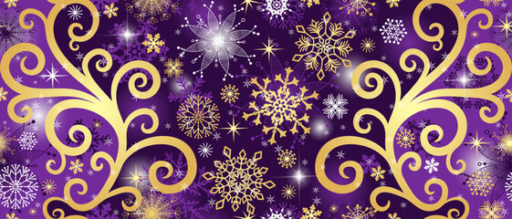 Vector Christmas seamless violet pattern with golden and white vintage snowflakes. For textile, wallpaper and packaging