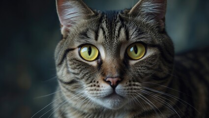 Close-up of a cat's face with striking yellow eyes and tabby fur, showcasing the cat's attentive expression and detailed facial features.