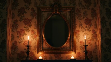 Vintage ornate mirror and candlelit scene with floral wallpaper in dim room