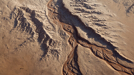 Fototapeta premium Aerial View of Desert Flash Flood Waters Carving Sinuous Channels Through Arid Landscape with Dramatic Erosion Patterns