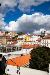 panoramic view of skyline of Lisbon city, Portugal, many colorful houses in the Alfama district