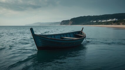 A lonely boat floating on the water near the coast with hills in the background.