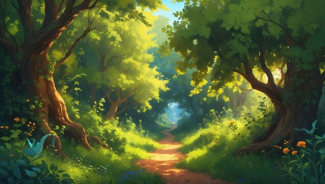 Summer forest pathway concealed. Digital painting in realistic cartoon style - Powered by Adobe