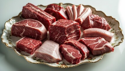 Porcelain platter with fresh raw meat set on a white surface