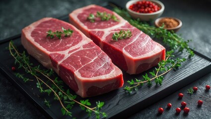 Herb and spice marinated raw lamb shanks, mutton meat. Dark background. Aerial perspective.