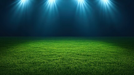 Obraz premium Luminous spotlights illuminate a vibrant green field, creating a dramatic, nighttime scene