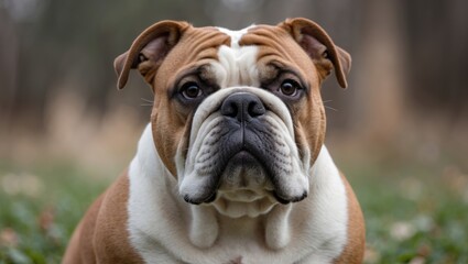 Obraz premium A cute bulldog with a serious expression, outdoors in a natural setting during daytime.