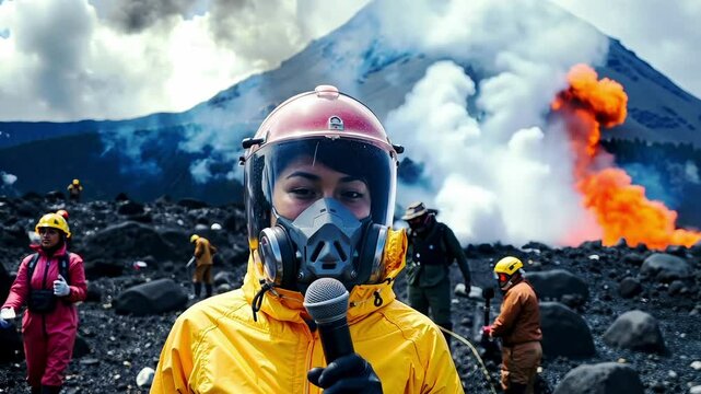 A woman wearing a gas mask and holding a microphone in front of a volcano