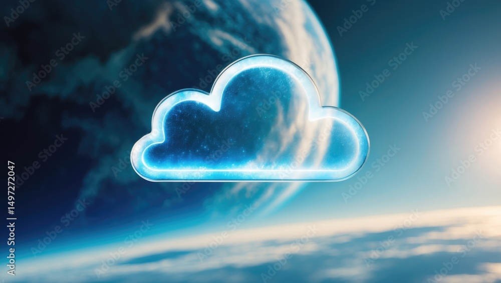 Aufkleber conceptual design for cloud storage using a hologram cloud icon on a planetary background.