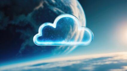 Conceptual design for cloud storage using a hologram cloud icon on a planetary background.