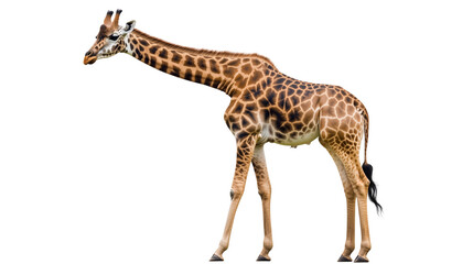 Naklejka premium Standing giraffe, long neck and spotted wildlife, giraffe height standing giant, giraffe majesty high neck wildlife, long neck king giraffe, on a transparent backgrounds