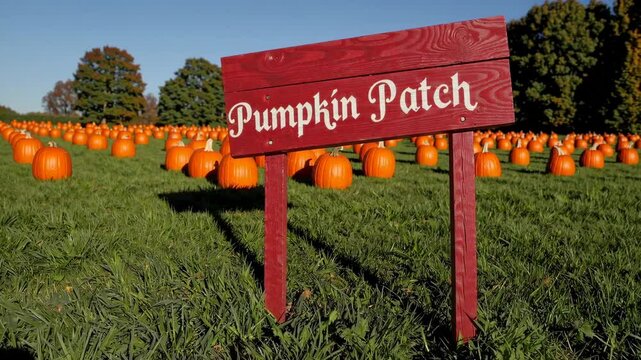Vibrant pumpkin patch under clear blue sky with rows of orange pumpkins