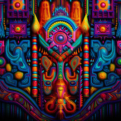 Mexican aztec sun stone with tribal face and colorful symmetrical pattern on black background