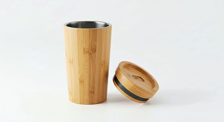 Fototapeta premium Modern Bamboo Travel Tumbler with Fitted Lid Against Bright White Background for Sustainable Lifestyle