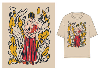 This hand-drawn style t-shirt features an expressive sketch of a girl from the back, dressed in a red pleated skirt and a white jacket embroidered with a tiger and the word “Japan.