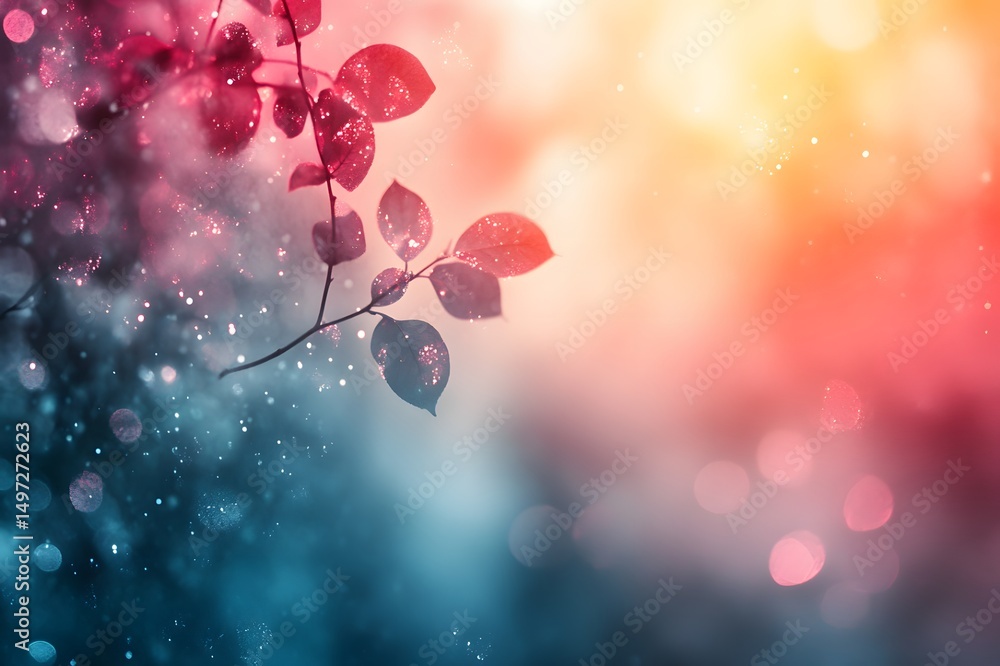 Poster red leaves branch with soft bokeh background