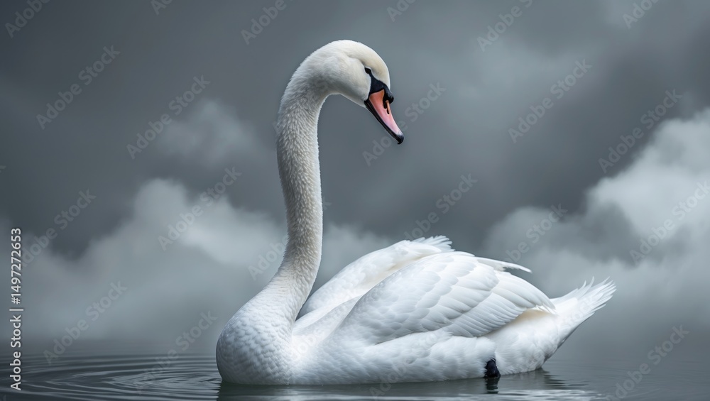 Poster current artistic expressions. stunning white swan featured in a cloudy setting. delicacy. notion of 
