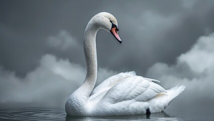 Obraz premium Current artistic expressions. Stunning white swan featured in a cloudy setting. Delicacy. Notion of vision, inspiration, and dreams